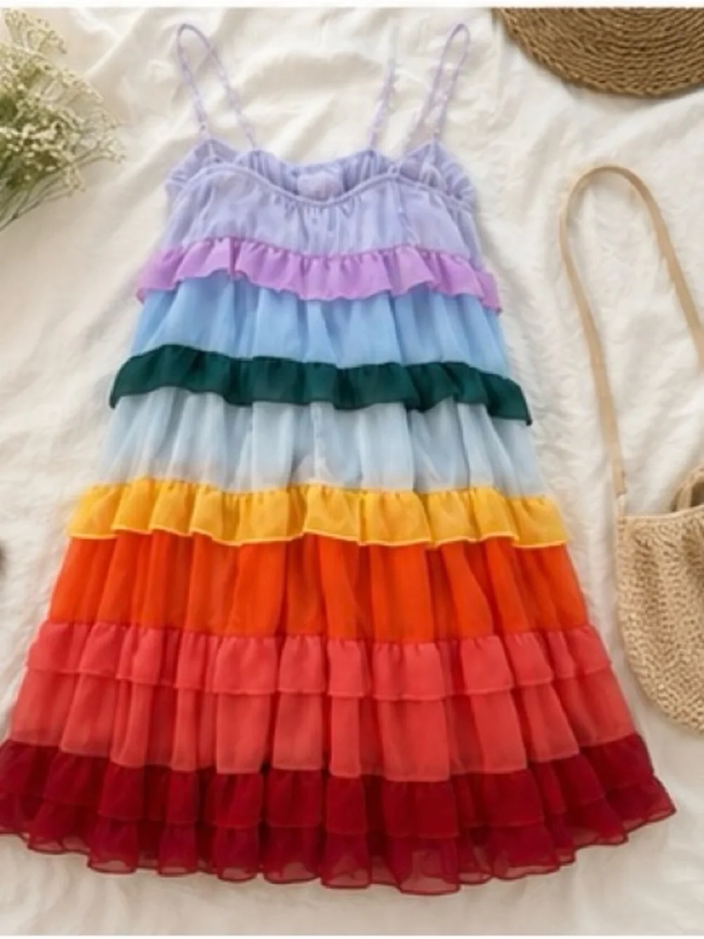 Rainbow Tiered Ruffle Dress - Multi layered midi - rainbow bright - pride - Picture 1 of 3